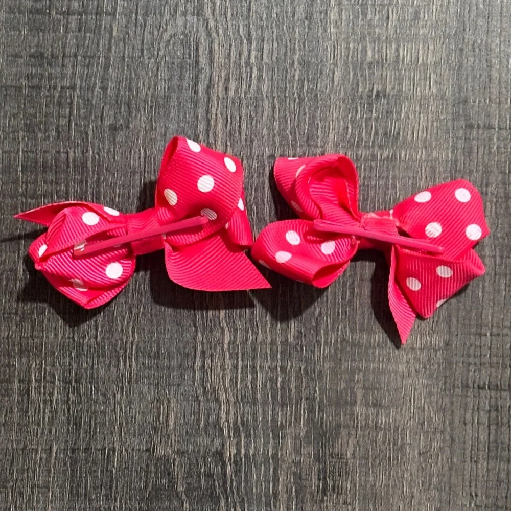 💞 Set of 2 Pink Hair Bows with White Polka Dots and Attached Bobby Pins